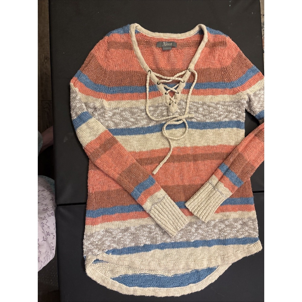 Natural Reflections Womens Size M  Striped Lace Up Sweater‎ Top